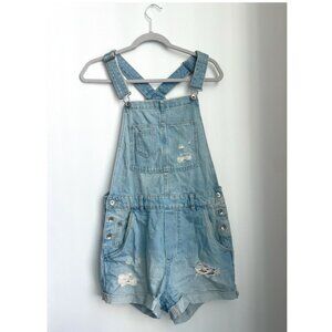 Ripped Light Denim Overall Shorts - Size Small